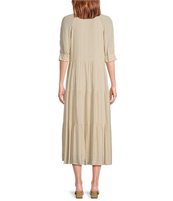 A Loves A Pinstripe Print Button Point Collar 3/4 Blouson Cuff Sleeve Tiered Waistless Midi Shirt Dress Product Image