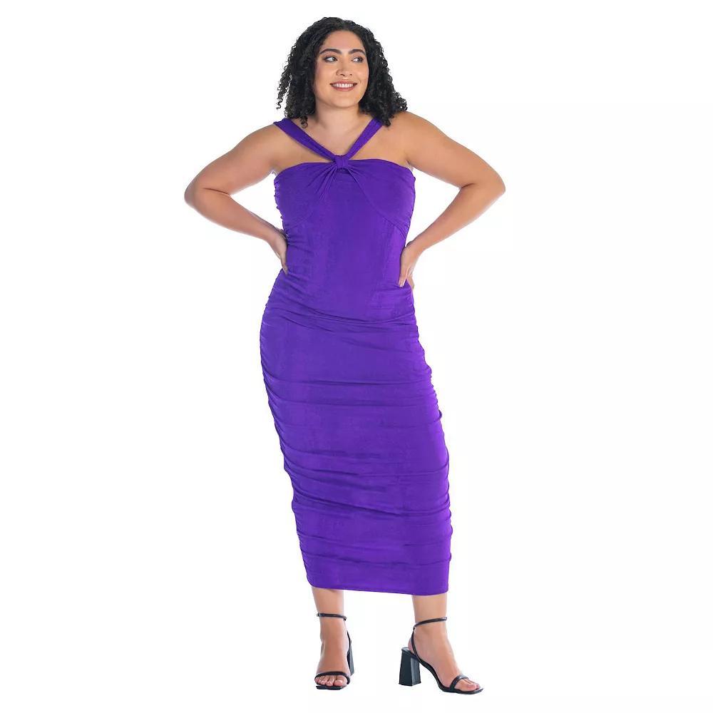 Plus Size 24Seven Comfort Apparel Halter Cross Neck Ruched Bodycon Midi Dress, Women's, Size: 1XL, Purple Product Image