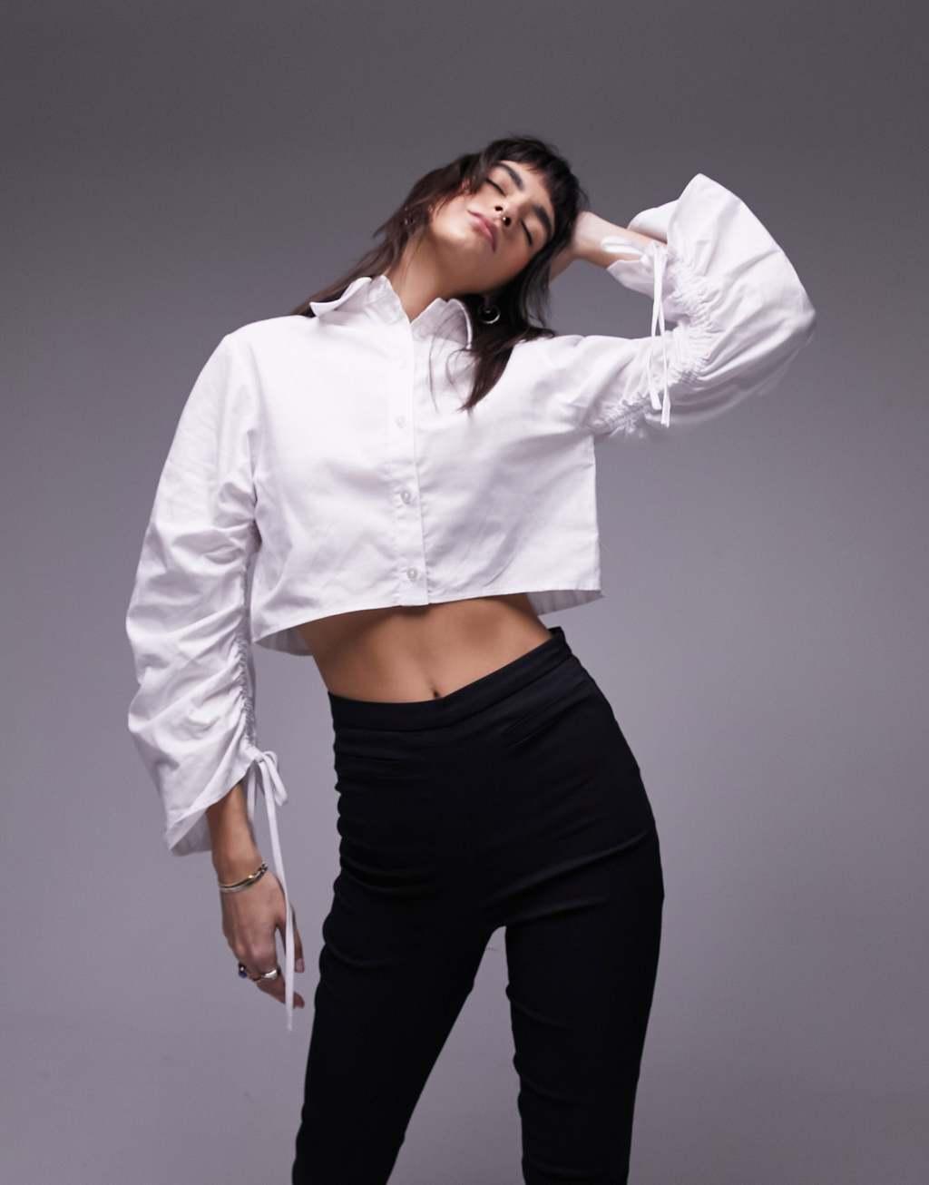 Topshop ruched sleeve poplin crop shirt Product Image