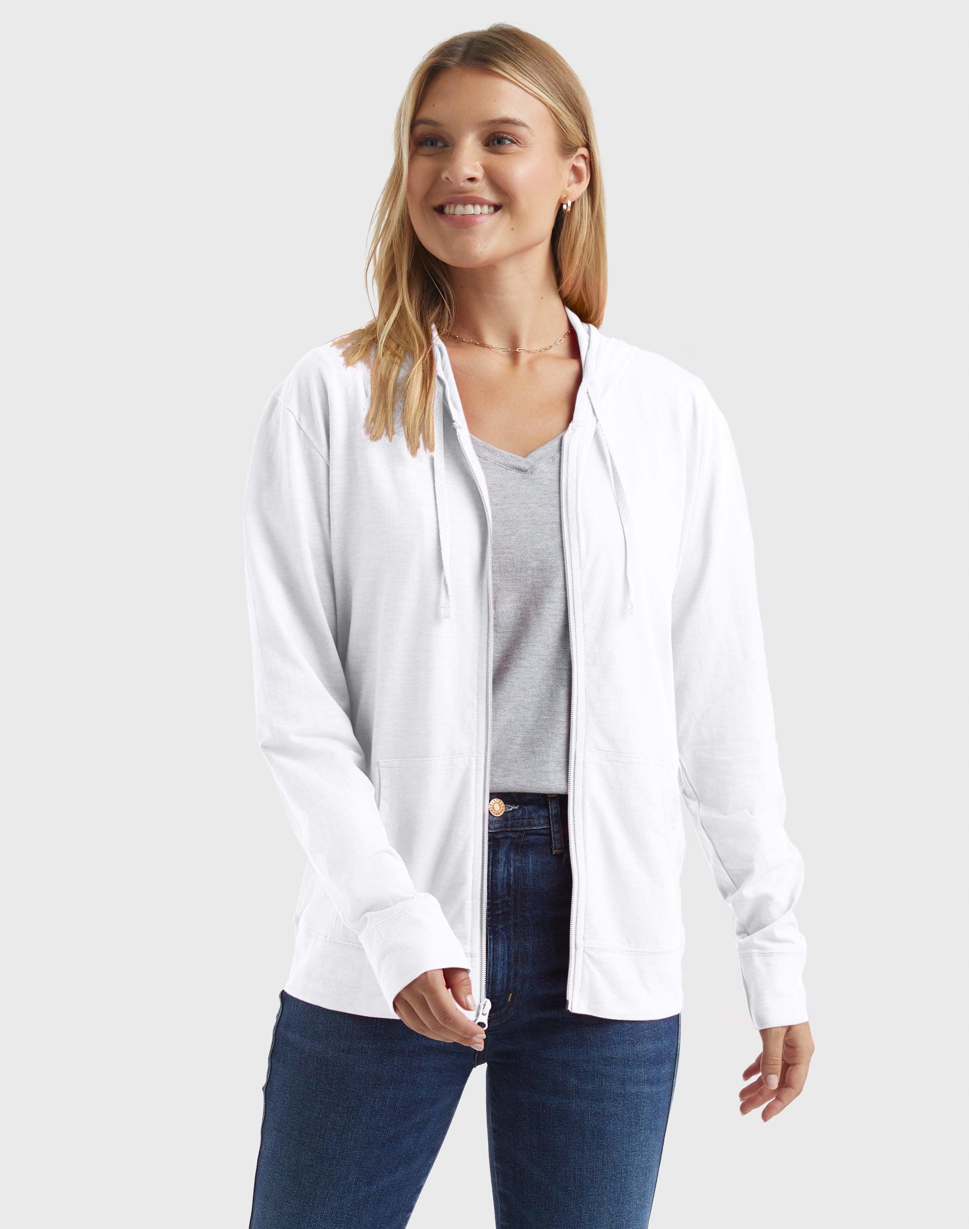 Women's Hanes® Slub Jersey Full Zip Hooded Sweatshirt, Size: Medium, White Product Image