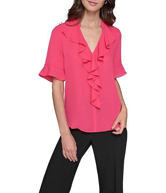 KARL LAGERFELD PARIS Ruffle Front V-Neck Short Sleeve Blouse Product Image
