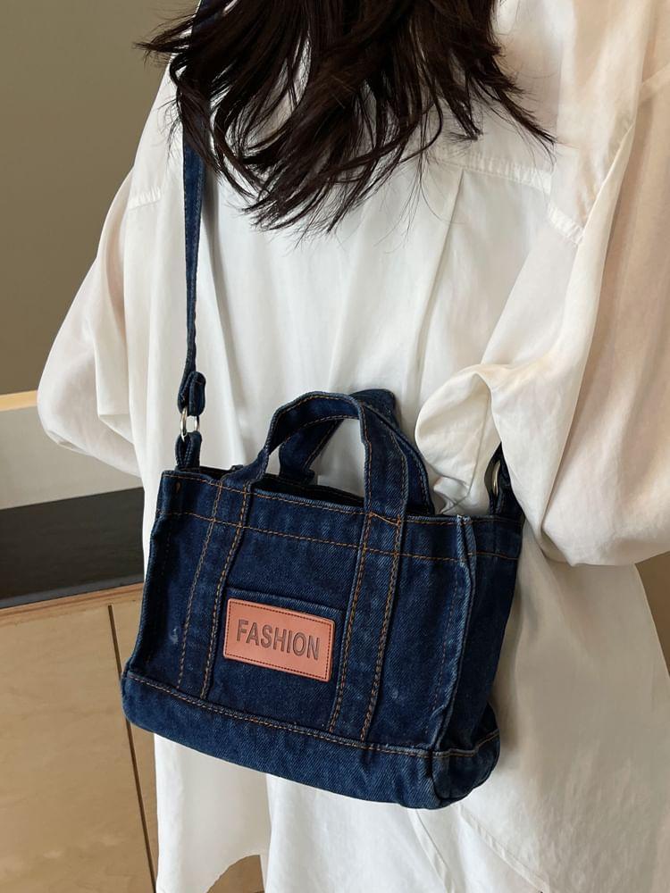 Top Handle Lettering Applique Washed Denim Crossbody Bag Product Image