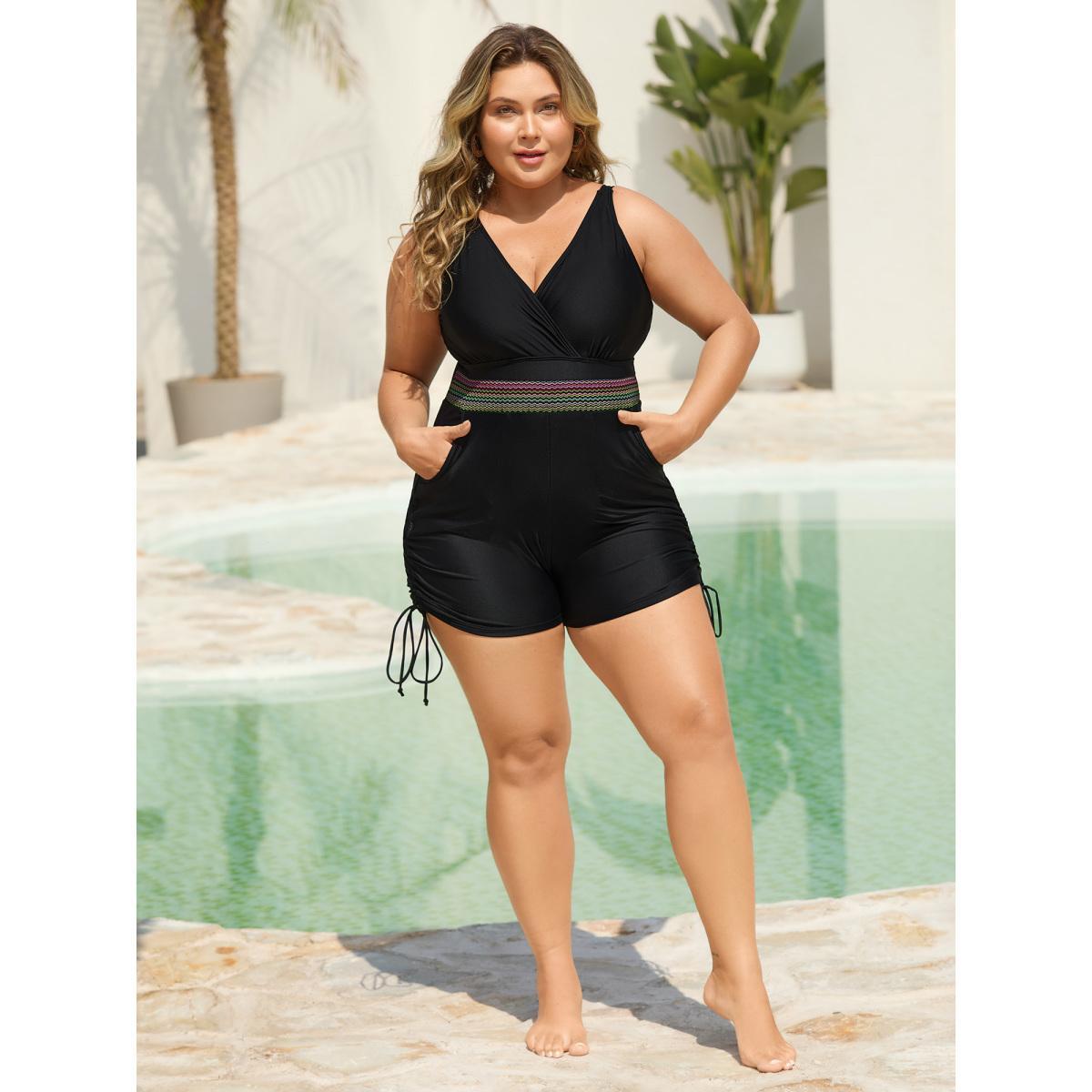 Plus Size Cinched-Waist Pockets One-Piece Swimsuit Women's Swimwear Black Beach Gathered Curve Bathing Suits High stretch One Pieces BloomChic 14-16/1X Product Image