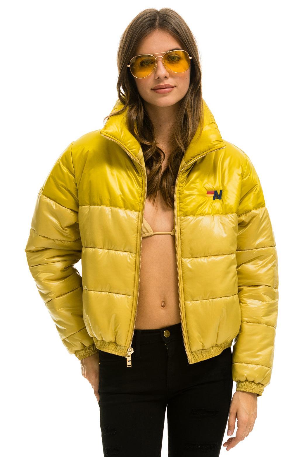 COLOR BLOCK HALF AND HALF APRES PUFFER JACKET - HONEY GLOSSY Female Product Image