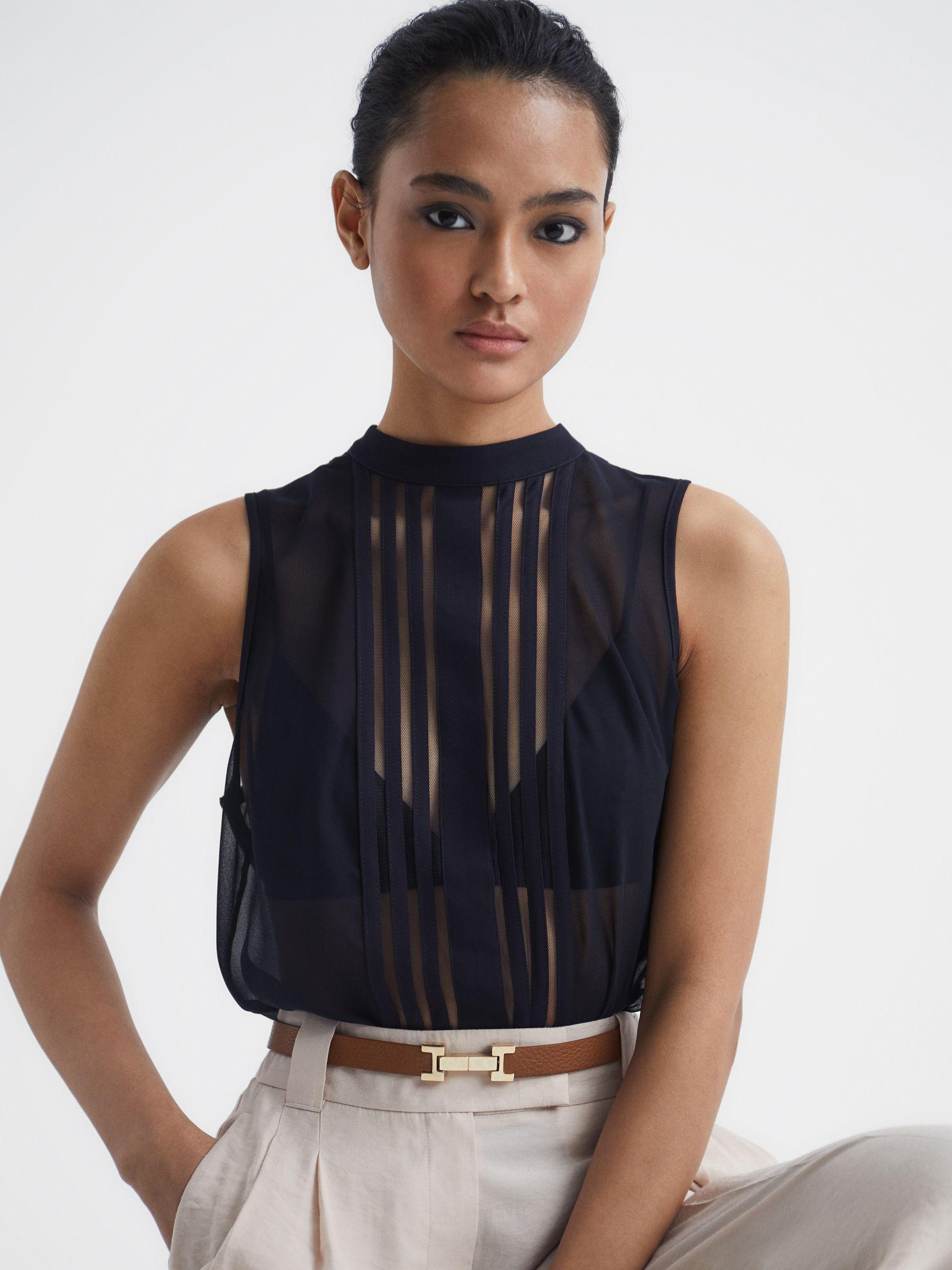 Sheer Striped Sleeveless Blouse in Navy Product Image
