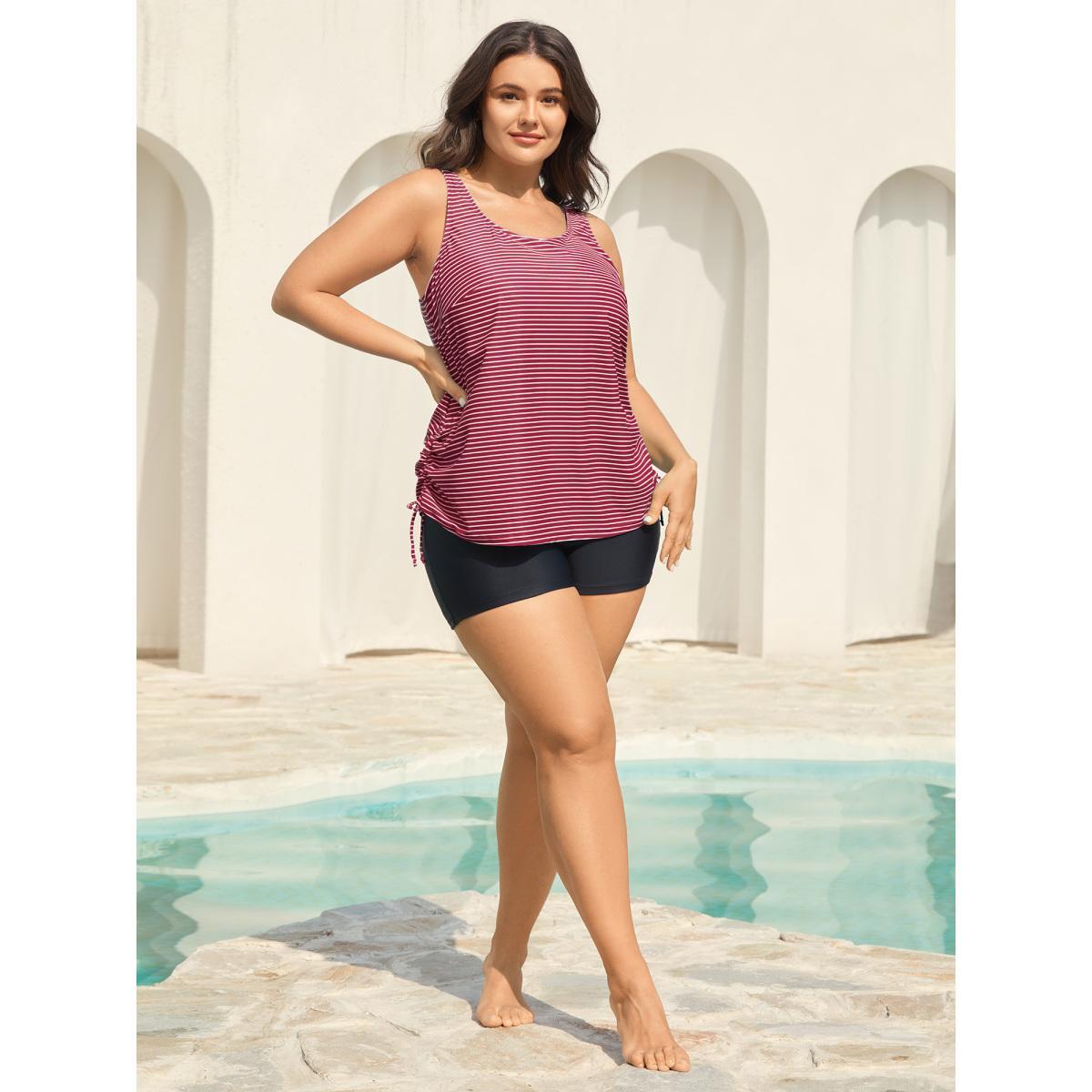Plus Size Striped Non-Removable Cups Swim Top Women's Swimwear DarkGreen Resort Drawstring High stretch Bodycon U-neck Curve Swim Tops BloomChic 18-20/2X Product Image