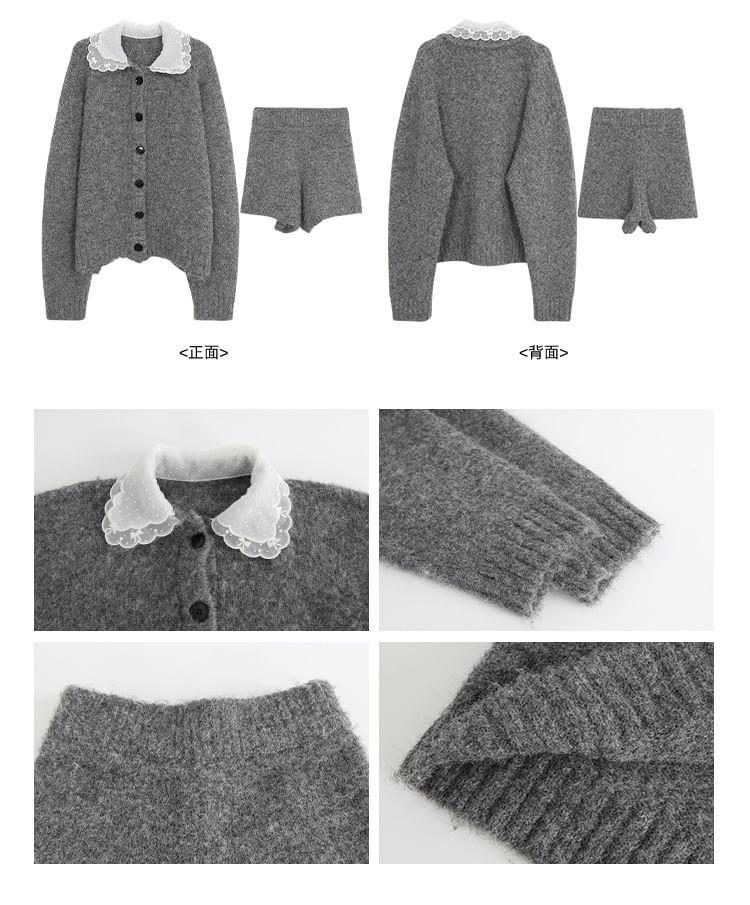 Set: Layered Mesh Collar Cardigan + High Waist Knit Shorts Product Image