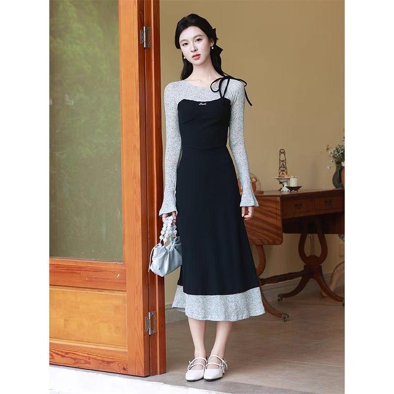 Long Sleeve Round Neck Mock Two Piece Midi A-Line Dress Product Image