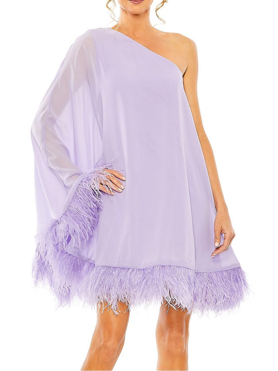 Mac Duggal One Shoulder Long Sleeve Feather Trim Shift Dress Product Image