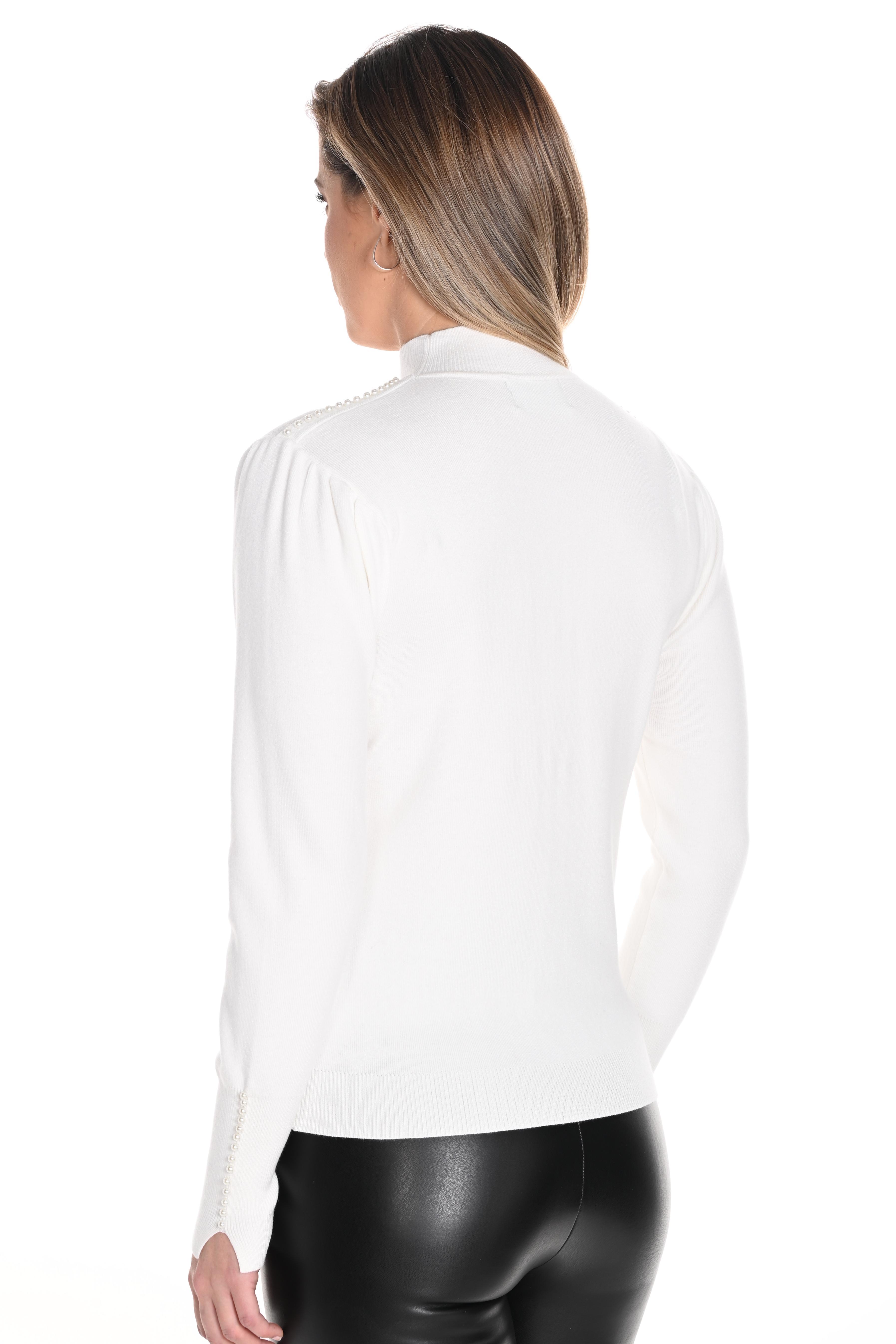 High Neck Off White Sweater with Pearl Detail on shoulders and cuff Product Image