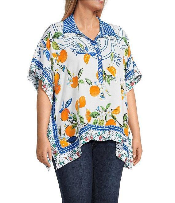 John Mark Plus Size Tropical Fruit Point Collar Short Sleeve Wide Tunic Product Image