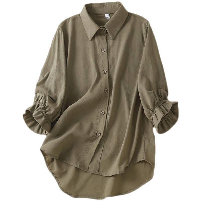 3/4-Sleeve Plain Frill Trim Shirt Product Image