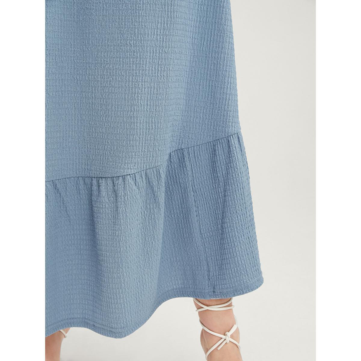 Plus Size Solid Textured Notched Pocket Lantern Sleeve Ruffle Hem Dress LightBlue Women Elegant Pocket V-neck Elbow-length sleeve Curvy Midi Dress BloomChic 22-24/3X Product Image