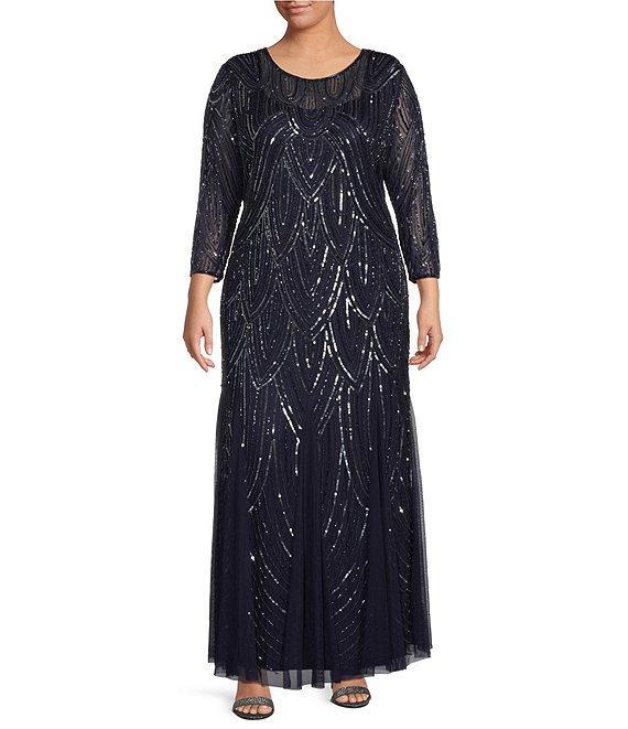 Pisarro Nights Plus Size Beaded Mesh 3/4 Sleeve A-Line Gown Product Image