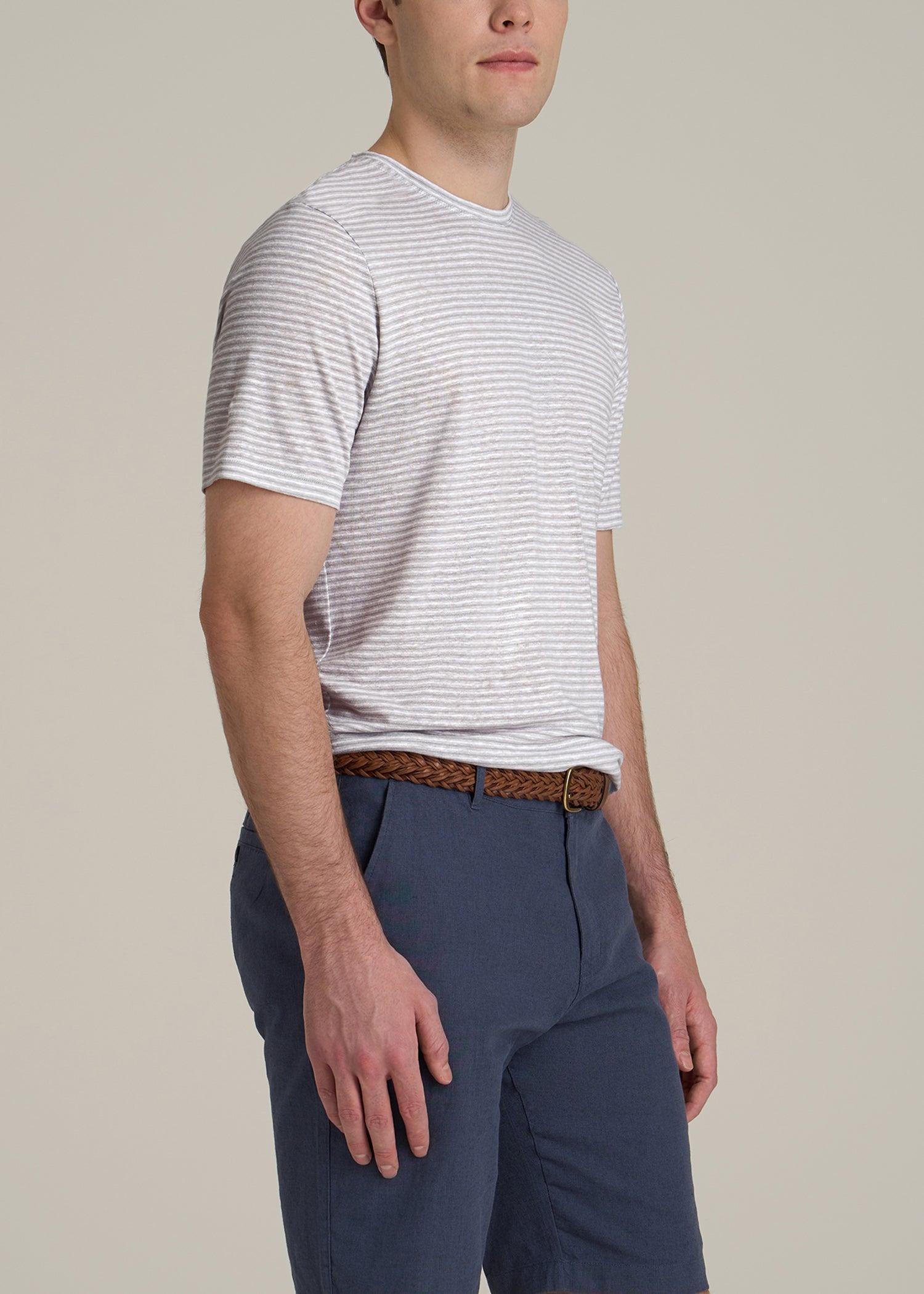 Linen Crewneck T-Shirt for Tall Men in Grey and White Mini Stripe Male Product Image