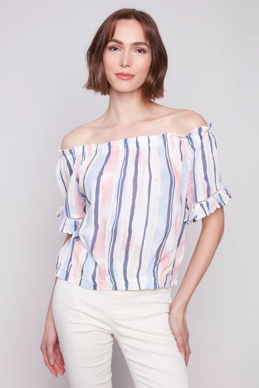 Printed Short Sleeve Peasant Blouse Product Image
