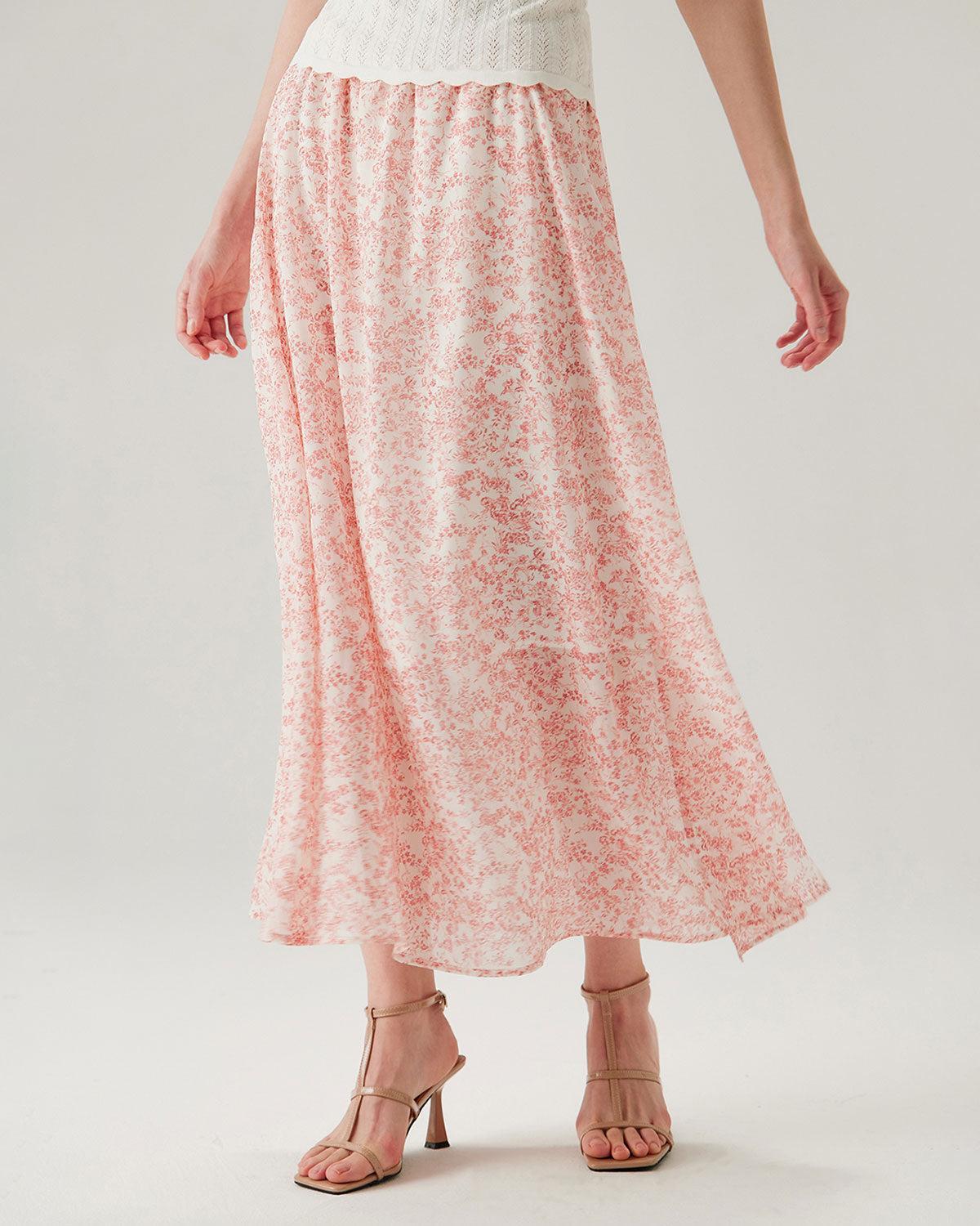 Pink Floral Elastic Waist Flared Skirt Product Image