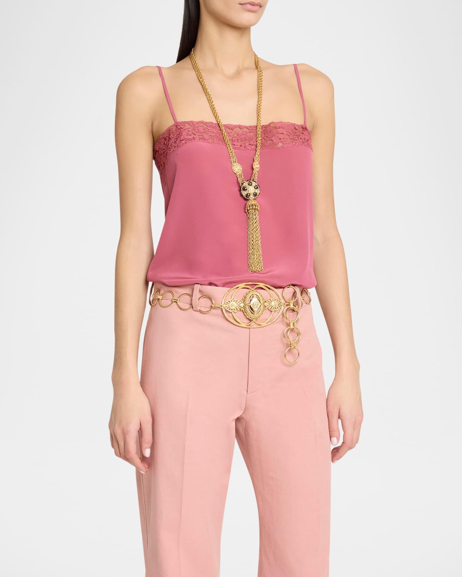 Lace-Trim Silk Button-Side Cami Tank Product Image