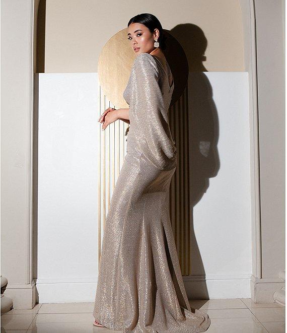 Betsy & Adam Petite Size Draped Back 3/4 Cape Sleeve Round Neck Metallic Crinkled Ruched Sheath Gown Product Image
