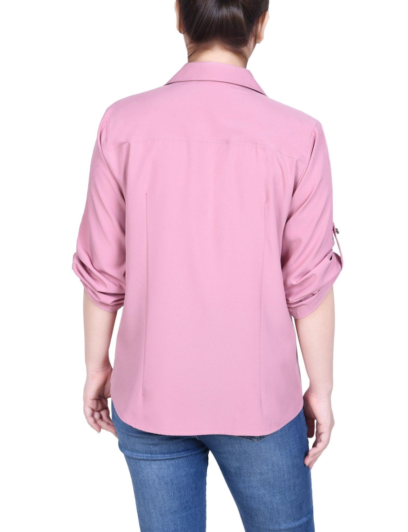 3/4 Length Roll Tab Sleeve Zip Front Top - Petite Product Image