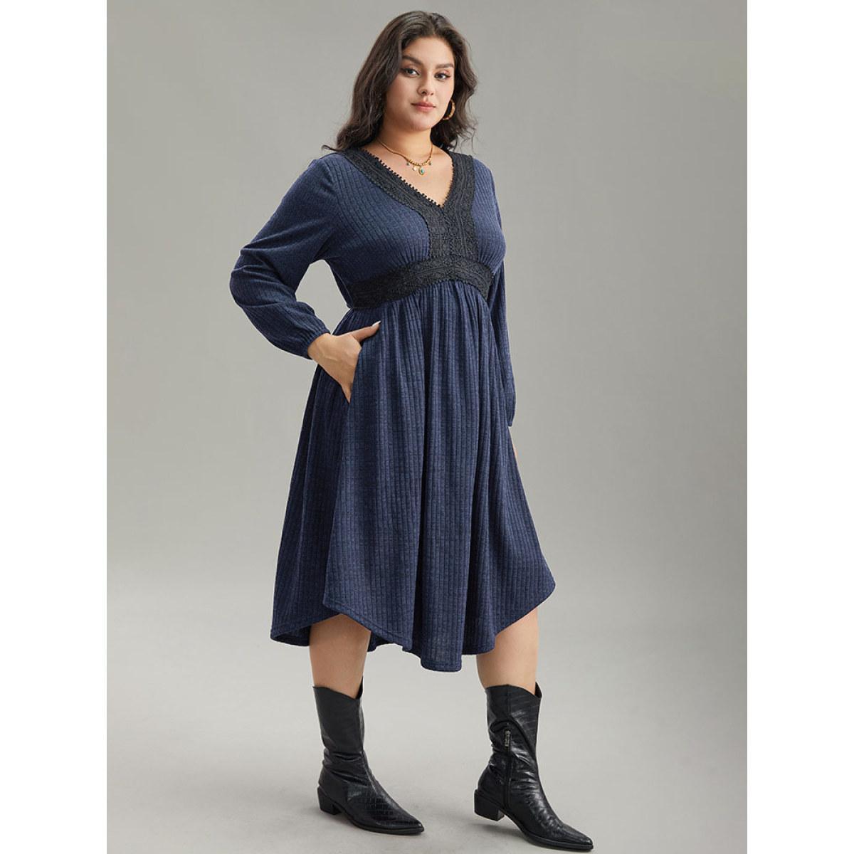 Plus Size Rib Knit Lace Panel Contrast Pocket Dress DarkBlue Women Casual Elastic cuffs V-neck Long Sleeve Curvy Midi Dress BloomChic 30/6X Product Image