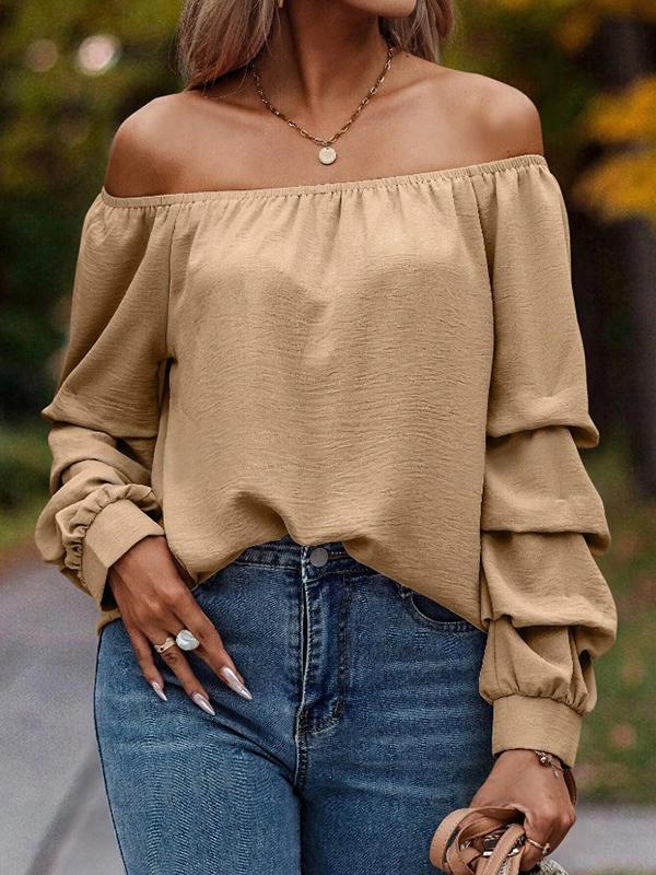 Long Sleeves Loose Elasticity Pleated Solid Color Off-The-Shoulder Blouses&Shirts Tops Product Image