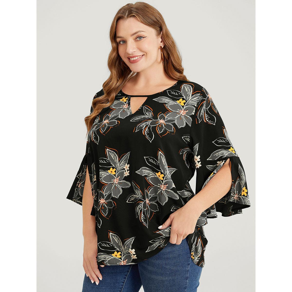Plus Size Black Floral Print Keyhole Neck Split Bell Sleeve Blouse Women Elegant Elbow-length sleeve Round Neck Dailywear Blouses BloomChic 22-24/3X Product Image