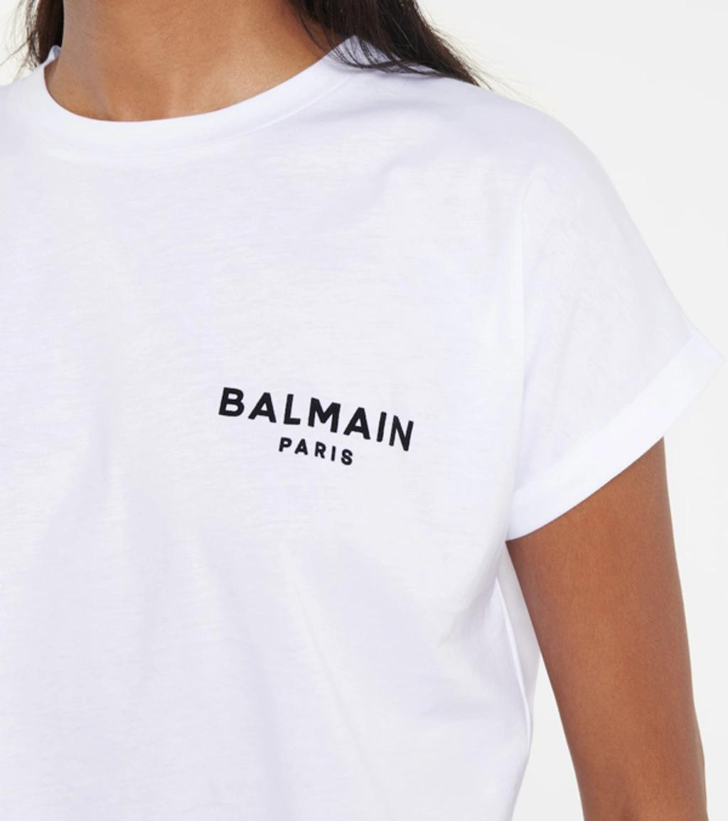 BALMAIN Cropped Flocked Cotton-jersey T-shirt In White Silver Product Image