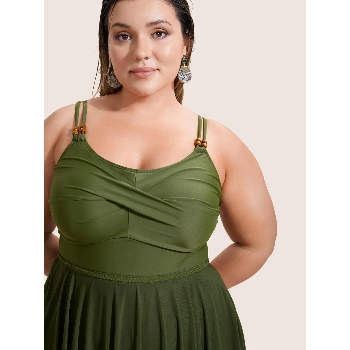 Plus Size Solid Twist Front Tiered Hem Swim Dress Women's Swimwear ArmyGreen Beach Bodycon U-neck High stretch Curve Swim Dresses BloomChic 28/5X Product Image