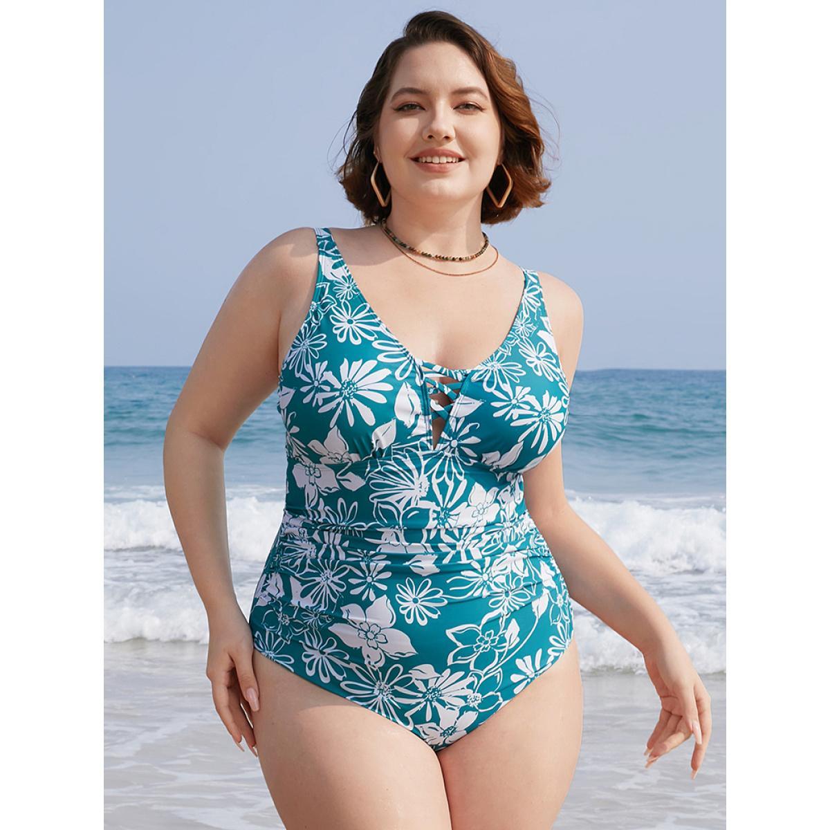 Plus Size Floral Print Crisscross Sculpt Waist Ruched One Piece Swimsuit Women's Swimwear Green Vacation Adjustable Straps Curve Bathing Suits High stretch One Pieces BloomChic 28/5X Product Image