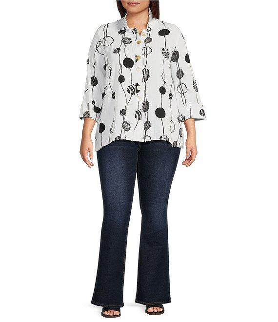 Ali Miles Plus Size Printed Woven Crinkle Wire Collar 3/4 Sleeve Button Front Tunic Product Image