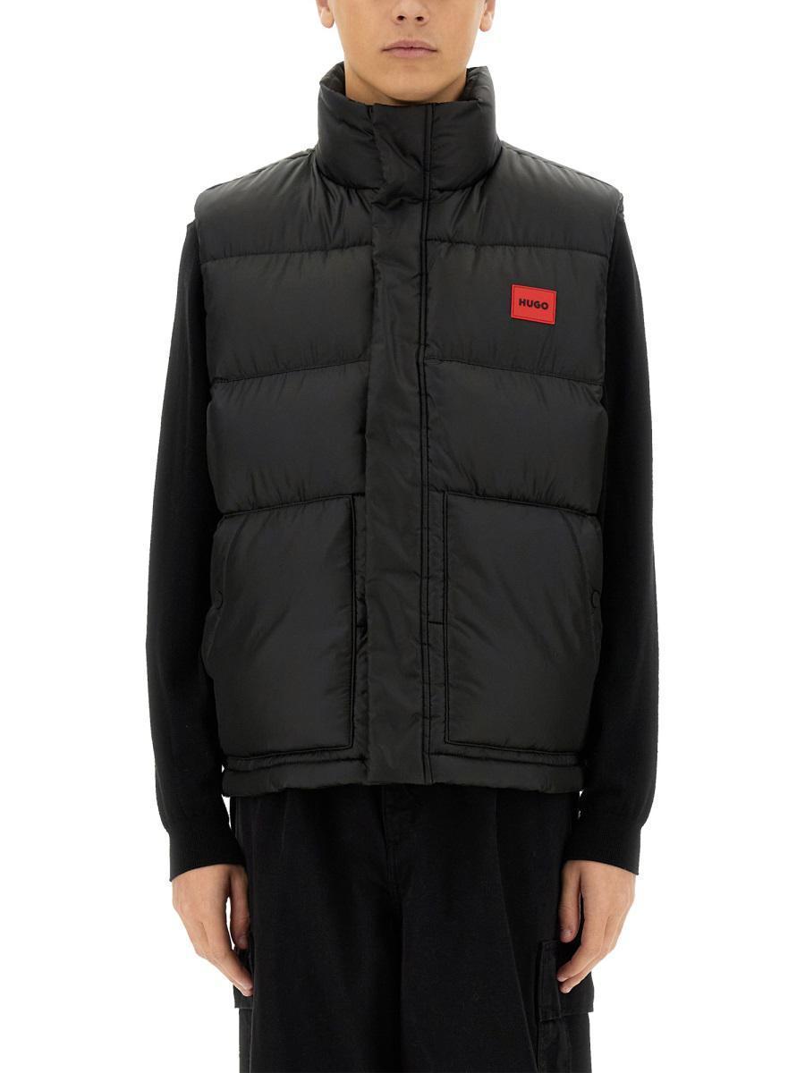 HUGO BOSS Water-repellent Puffer Gilet With Red Logo Badge In Black 001 Product Image