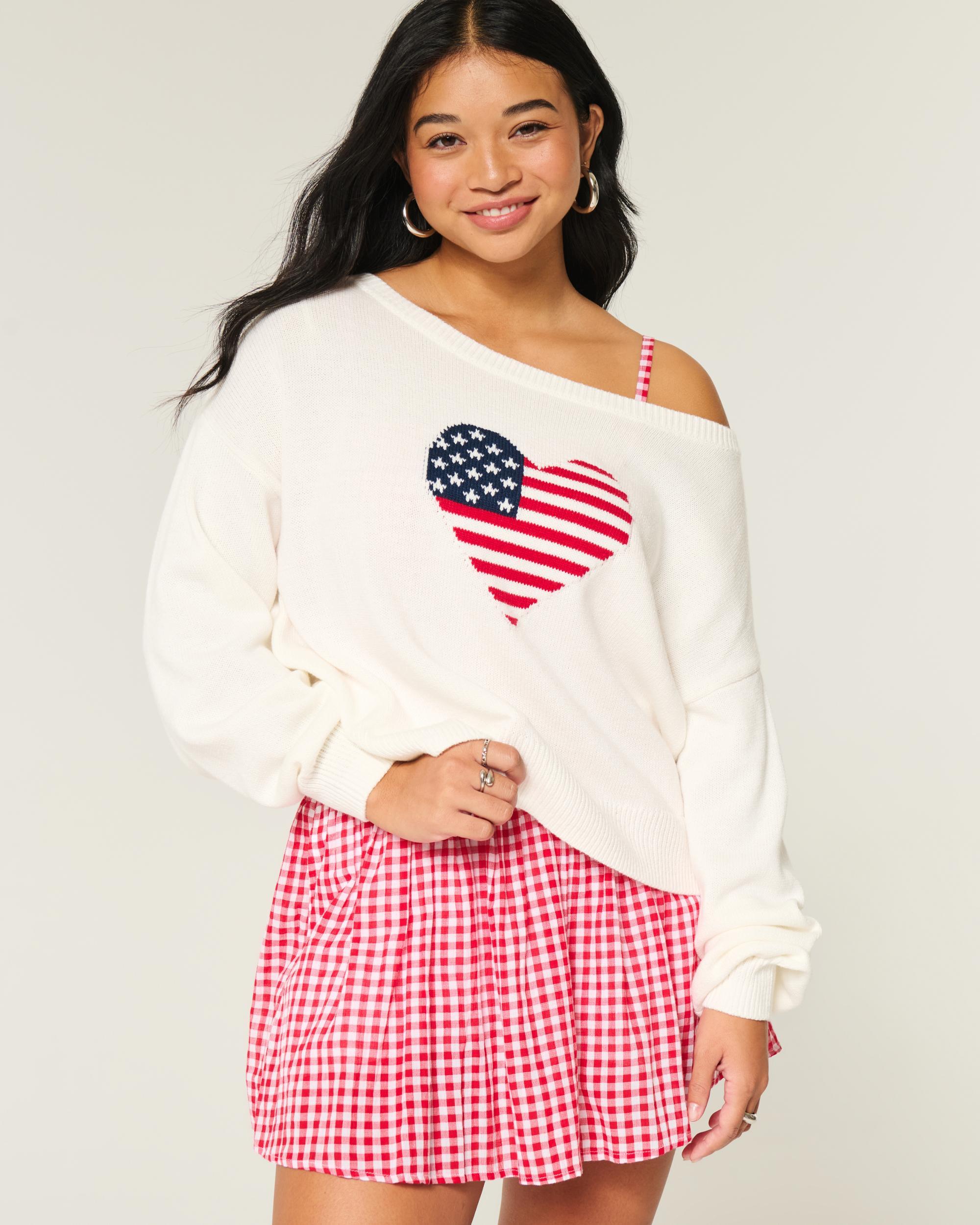 Easy Off-the-Shoulder Heart Flag Graphic Sweater Product Image