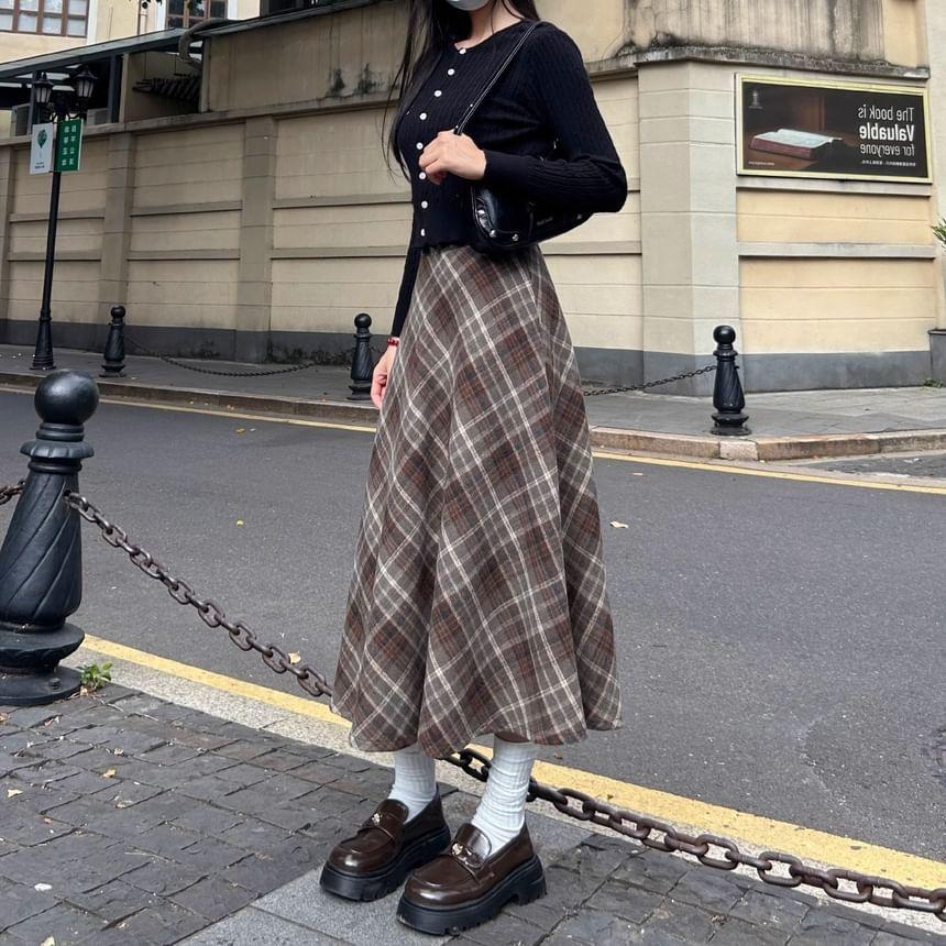 High Waist Plaid Maxi A-Line Skirt Product Image