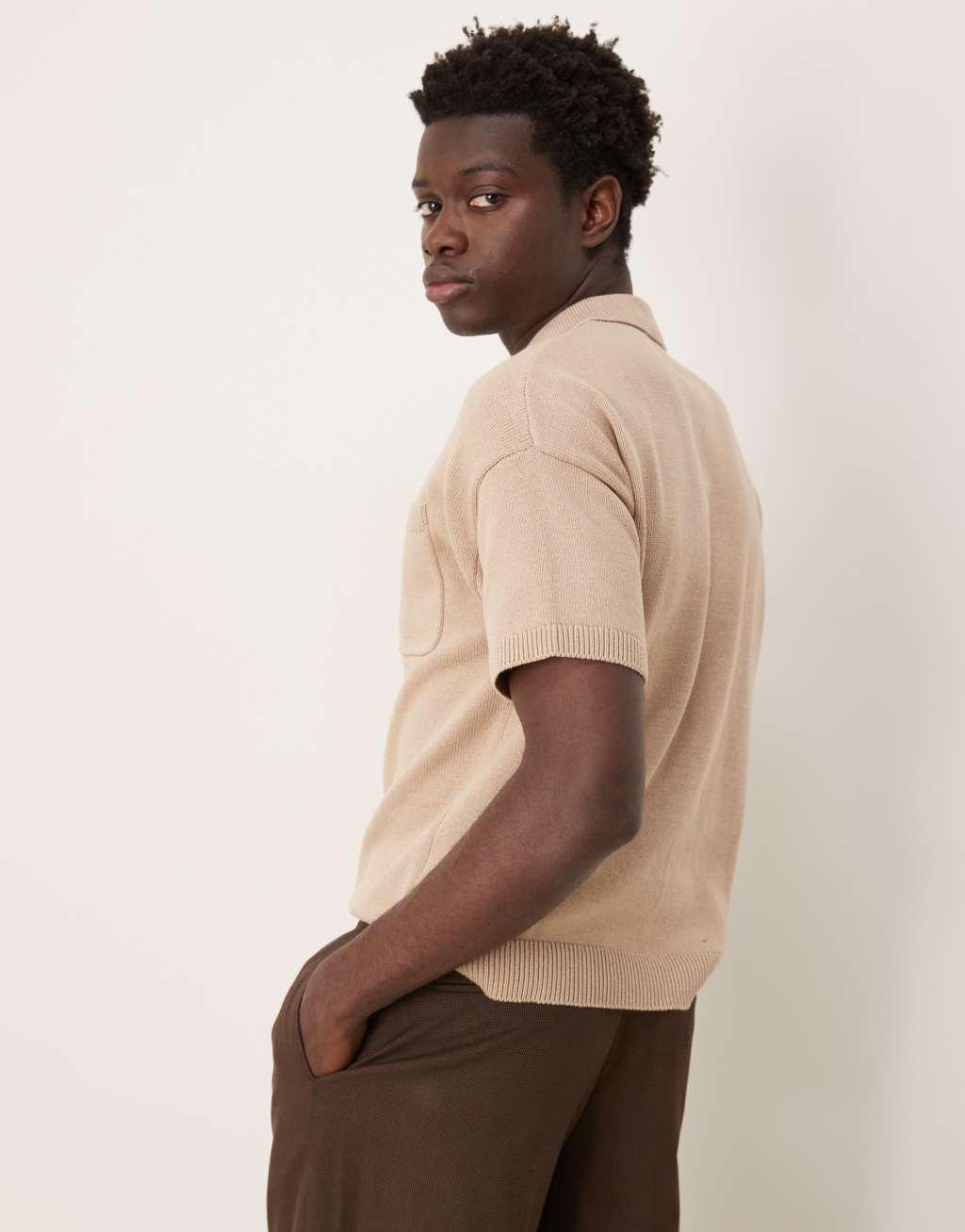 ASOS DESIGN relaxed boxy knit midweight cotton polo with chest pocket in stone Product Image