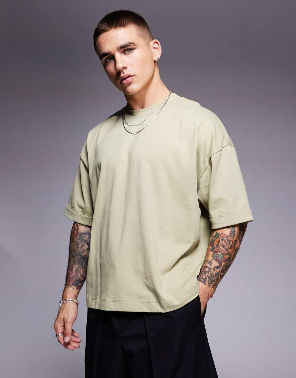 ASOS DESIGN essential heavyweight oversized t-shirt with roll sleeve 240gsm in khaki Product Image