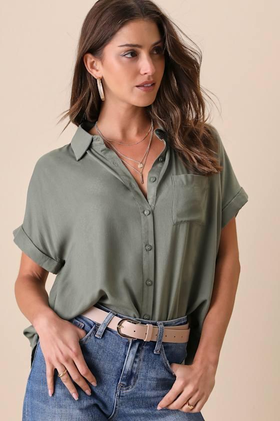 Blythe Olive Green Short Sleeve Button-Up Top Product Image