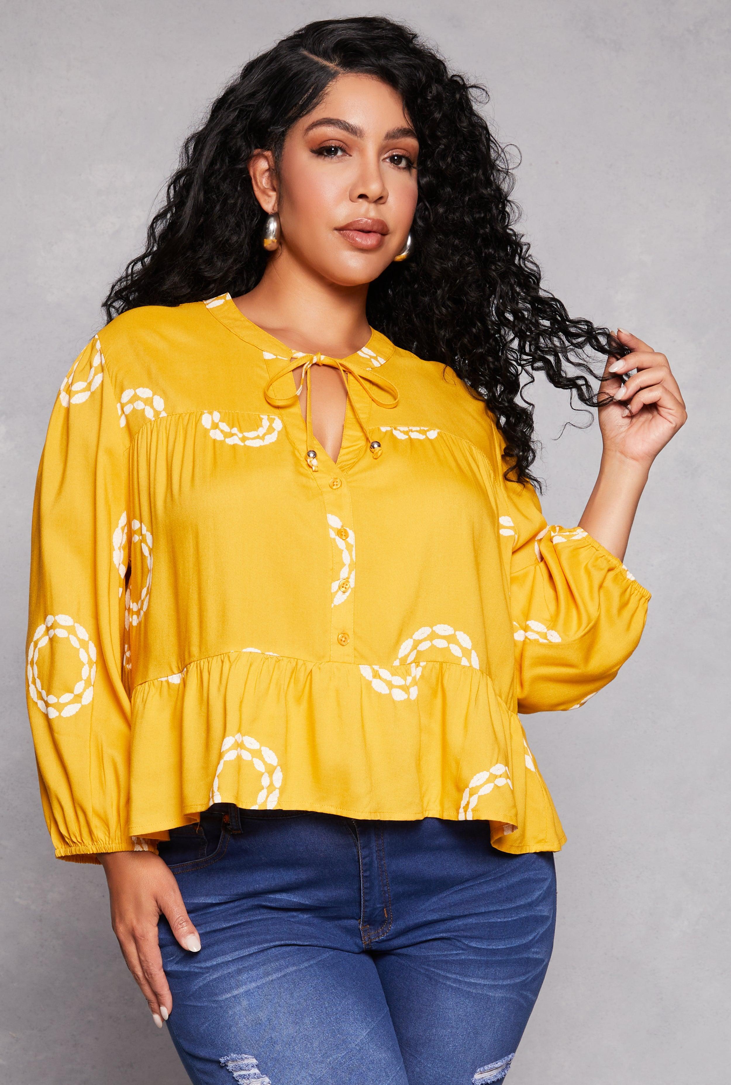 Womens Plus Size Printed Puff Sleeve Button Front Peplum Blouse Product Image