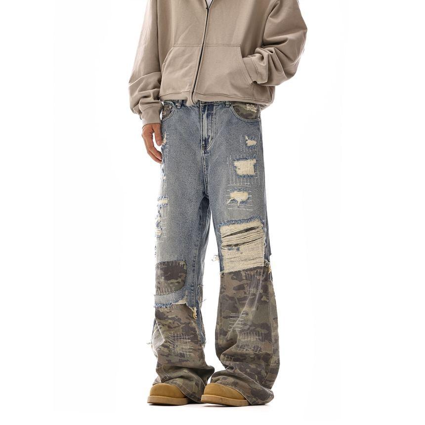 Mid Rise Camouflage Washed Distressed Panel Straight Leg Jeans Product Image