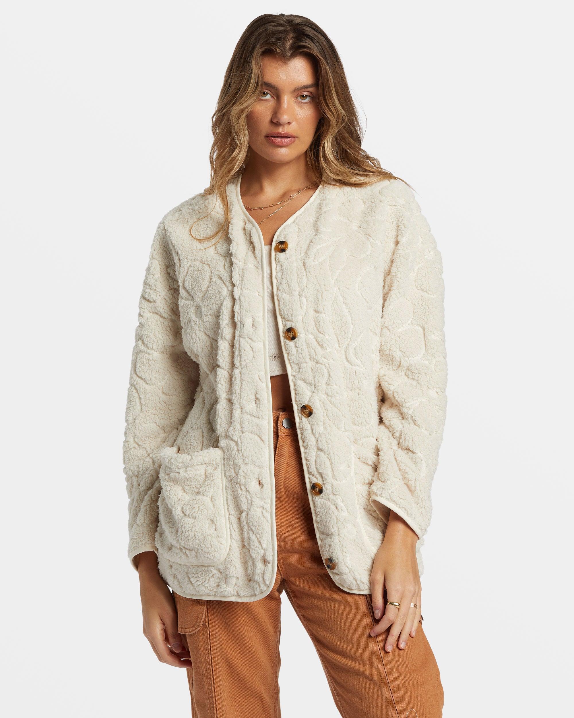 Fireside Cozy Buttoned Fleece Jacket - White Cap Female Product Image