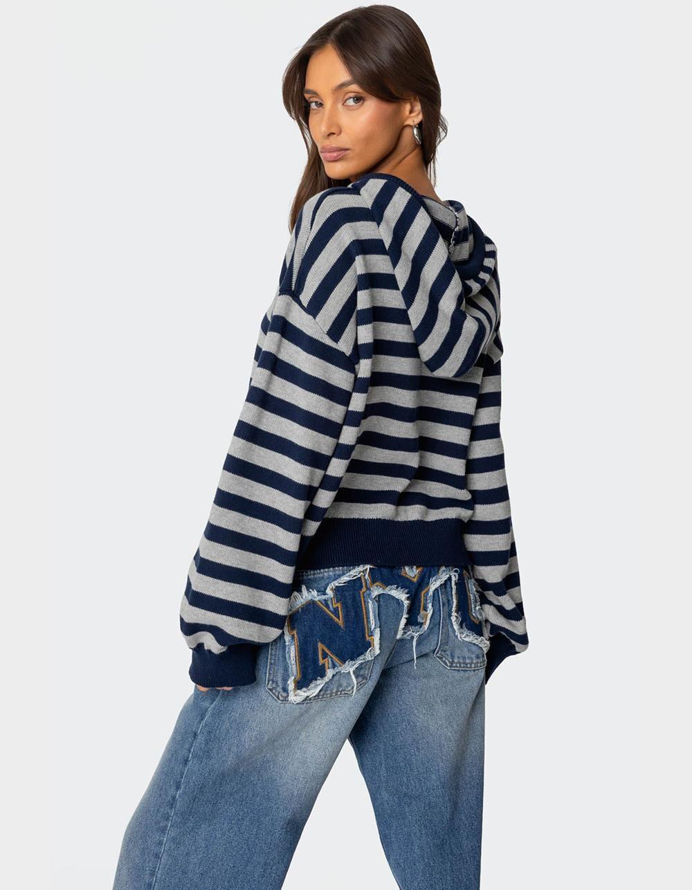 EDIKTED Striped Hooded Knit Sweater Product Image