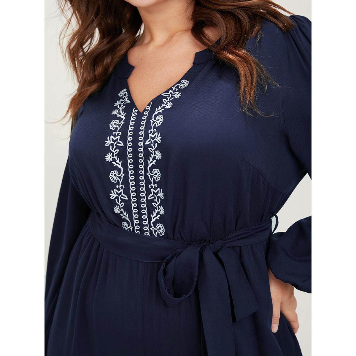 Plus Size DarkBlue Solid V Neck Lantern Sleeve Embroidered Pocket Ties Jumpsuit Women Elegant Long Sleeve V-neck Dailywear Loose Jumpsuits BloomChic 10/M Product Image