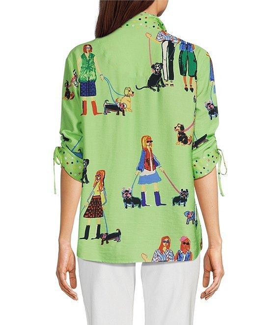 John Mark Novelty Dog Print Wire Collar Cinch Tie Sleeve Button Front Blouse Product Image