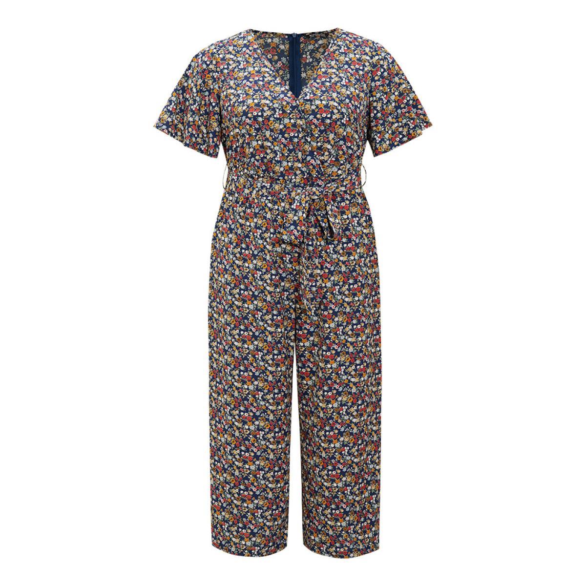 Plus Size DarkBlue Ditsy Floral Flutter Sleeve Pocket Belted Wrap Jumpsuit Women Elegant Short sleeve V-neck Dailywear Loose Jumpsuits BloomChic 30/6X Product Image