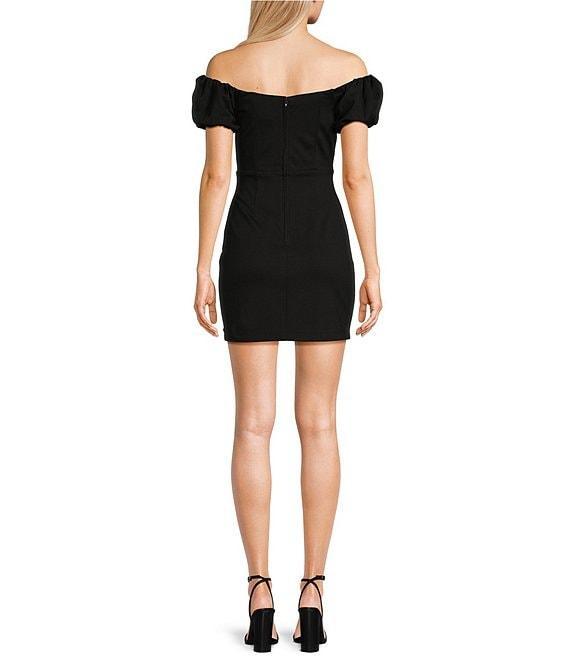 Pear Culture Off-The-Shoulder Puff Sleeve Ruched Side Slit Mini Dress Product Image