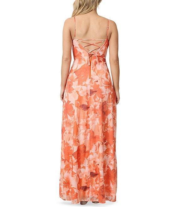 Stevie by Steve Madden Floral Printed V-Neck Lace Up Back Side Slit Maxi Dress Product Image