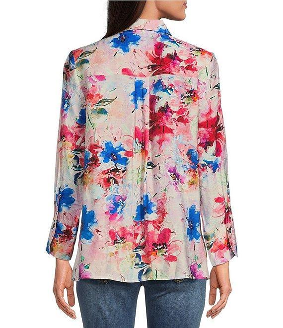 Calessa Petite Size Textured Crinkle Antique Abstract Print Point Collar Long Sleeve Button Front Blouse Product Image