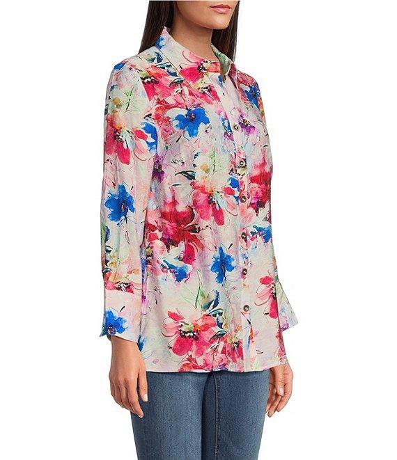 Calessa Petite Size Textured Crinkle Antique Abstract Print Point Collar Long Sleeve Button Front Blouse Product Image