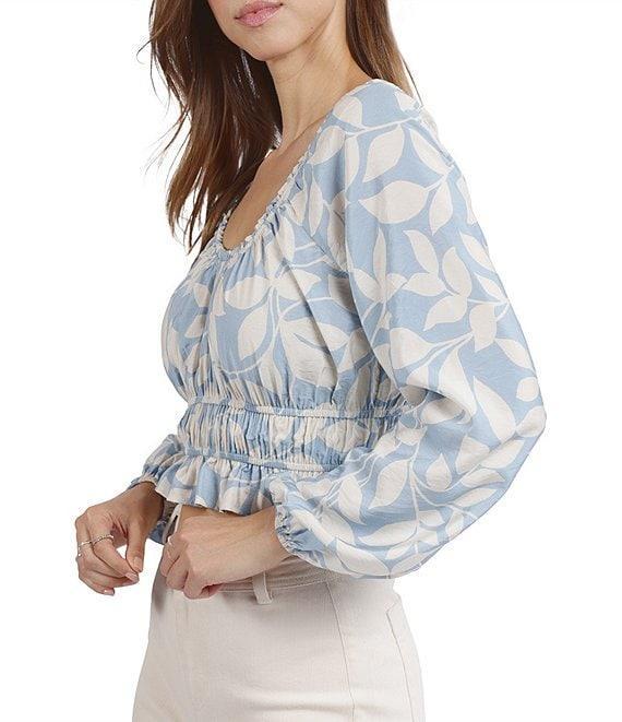 Sadie & Sage Printed Woven Scoop Neck Long Sleeve Smocked Waist Cropped Peplum Top Product Image