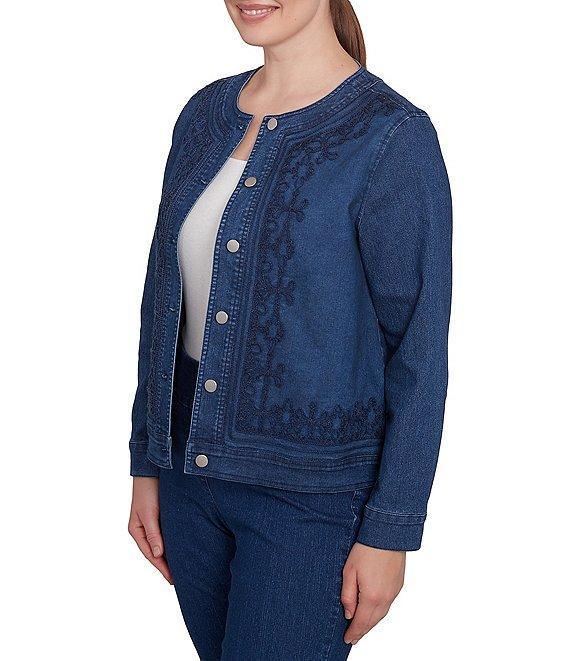 Ruby Rd. Embroidered Denim Round Neck Long Sleeve Button-Front Jacket Product Image